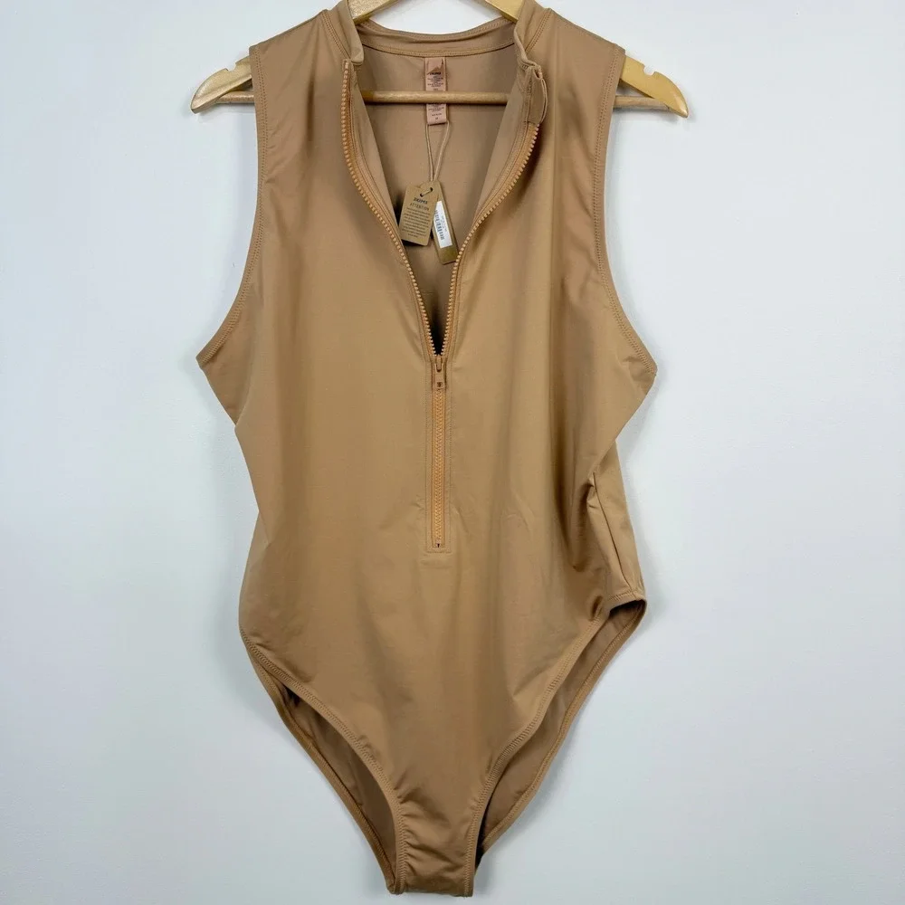 Skims Swim Zip Front One Piece Swimsuit Women 4X Almond Tan NWT